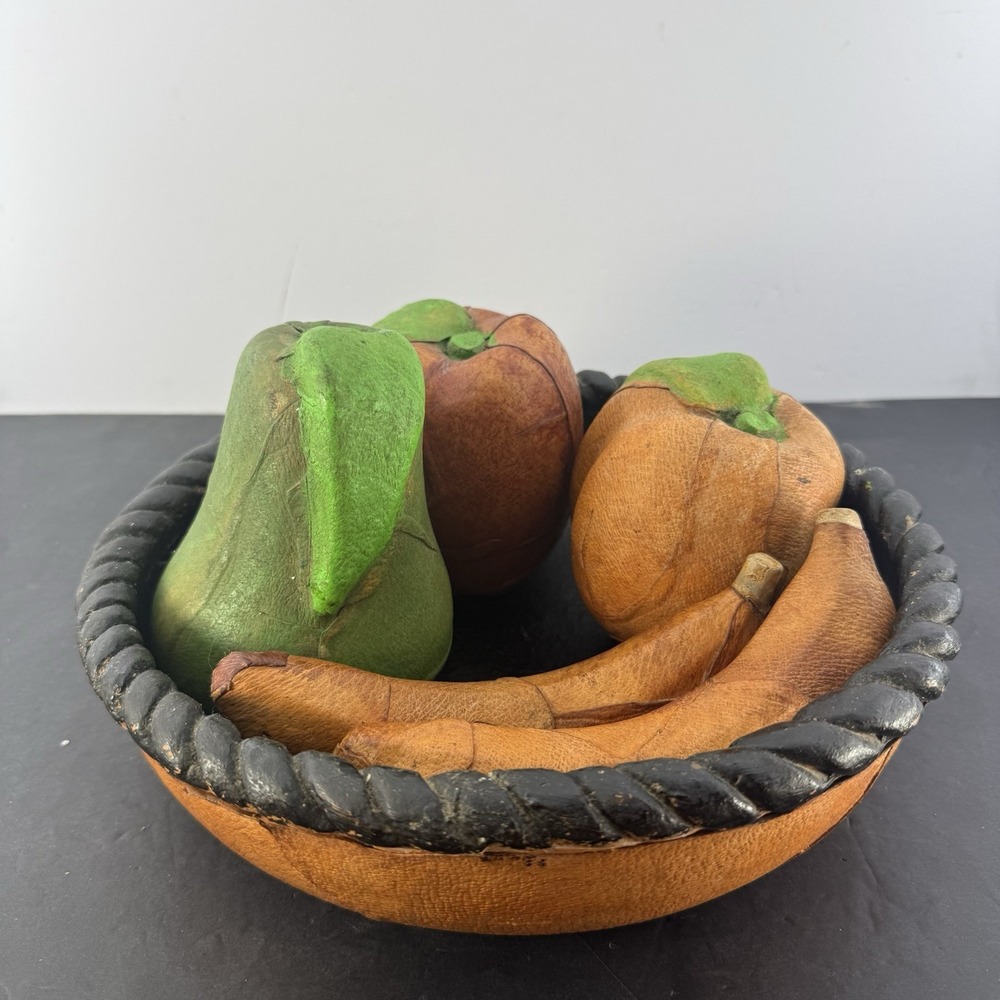 Vintage Leather Large Handmade/Hand Painted Decorative Fruit Bowl 5 Piece Rare